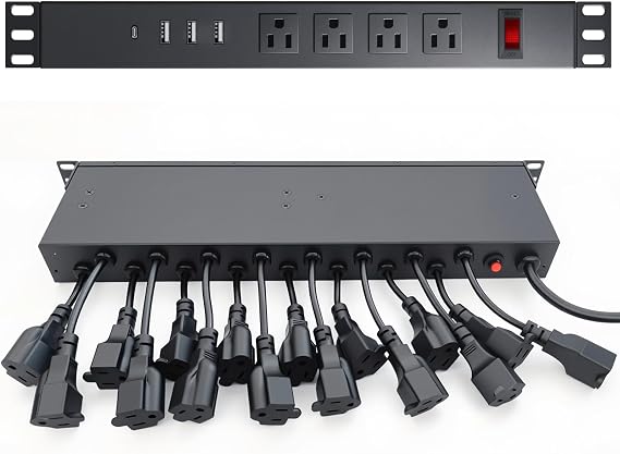 20-Outlet 1U Rack Mount Power Strip PDU 3 USB-A 1 USB-C 15A 6ft