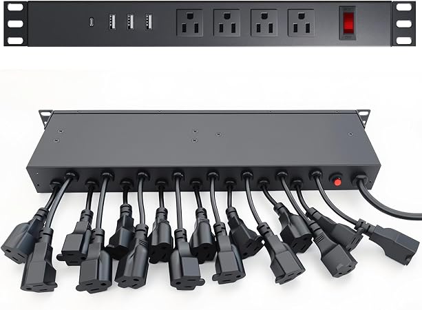20-Outlet 1U Rack Mount Power Strip PDU 3 USB-A 1 USB-C 15A 6ft