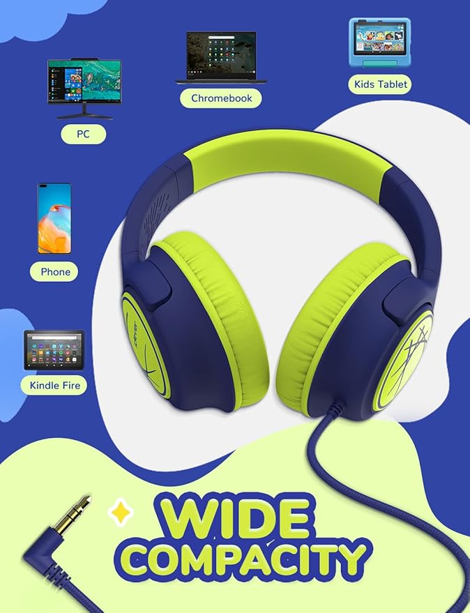iClever Kids Headphones, Childrens Headphones for Kids 85dBA Safe Volume Limit, Stereo Sound Foldable Over Ear, 3.5mm Jack Boys Girls Headphone for School/Travel/Tablet/PC, Blue Green