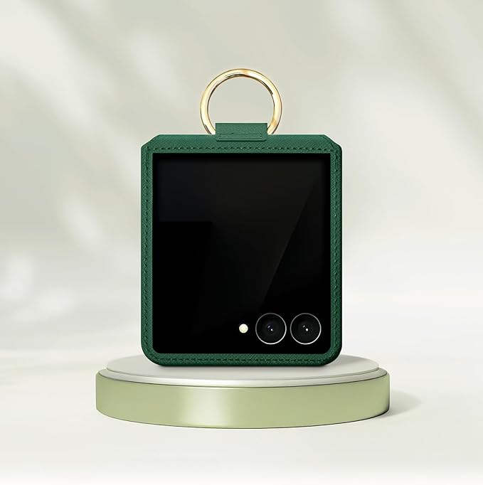[BeYourSanta] Galaxy Z Flip 7 Case with Ring - Avant-Garde Handmade Saffiano Vegan Leather Case, Anti-Scratch Hinge Protection, Made in Korea (1 Pocket, Deep Green)
