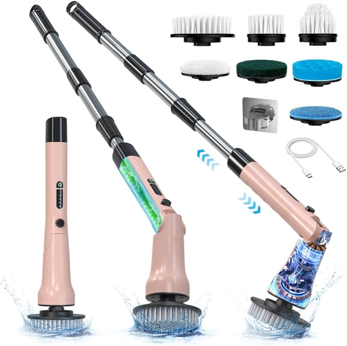 Electric Spin Scrubber, Hillyfe Bath Scrubber for Cleaning with 7 Replaceable Brush Heads, IPX7 Waterproof,300/400 RPM, 3 Adjustable Size,Cordless Shower Cleaner Brush for Bathroom Floor,Pink