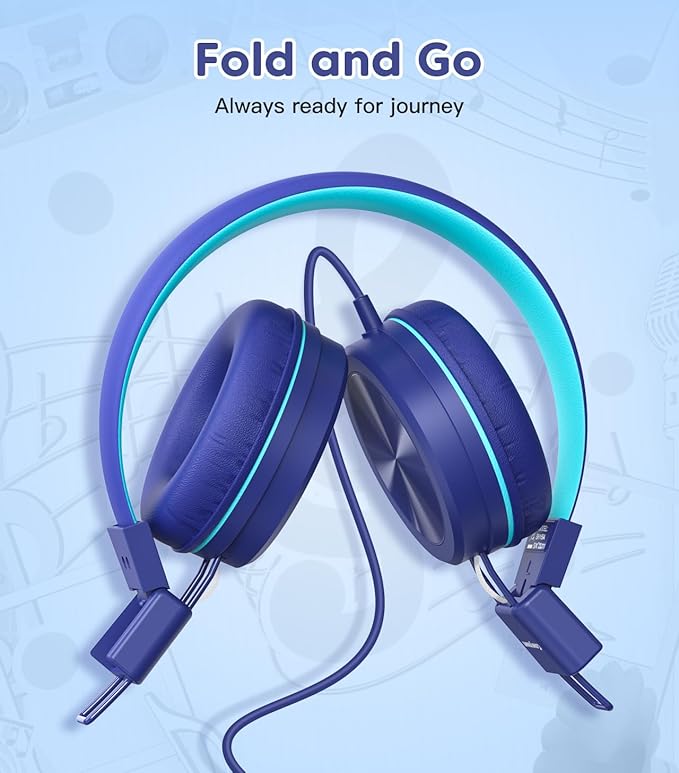 Kids Headphones, Toddler Headphones with Safe Volume Limiter 94dB, Wired School Headphones for Kid, 3.5mm Adjustable On-Ear Headphone for Boys/Girls/Children/Teens/iPad/Computer, Dark Blue