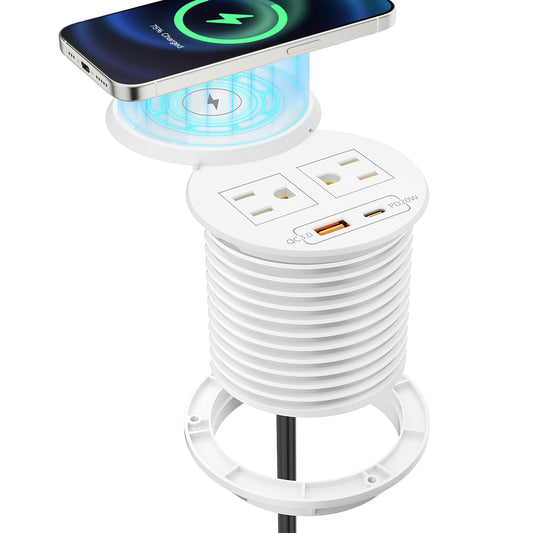 PD 20W USB C Desk Power Grommet with 15W Wireless Charger Cover, 3-1/8'' Recessed Power Strip with 18W USB A and 2 AC Outlets,Hidden Power Outlets with 6FT Cords for Office, Home, Conference(White)