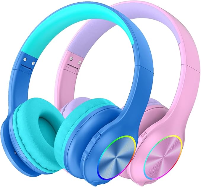 2024 Bluetcooth Kids Headphones Fit for Aged 3-21, Colorful LED Lights Comfort Wireless Headphones with Microphone 94dB Volume Limited for School/iPad/PC/TV/Cellphones, Wired & TF Card Mode, Blue,Pink