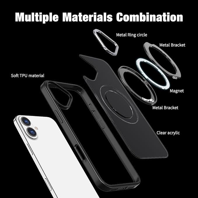 for iPhone 16 Case [Compatible with Magsafe] [15 FT Military Grade Drop Protection] with Screen Protector & Lens Protector,Shockproof Kickstand Phone Case for iPhone 16 (Black)