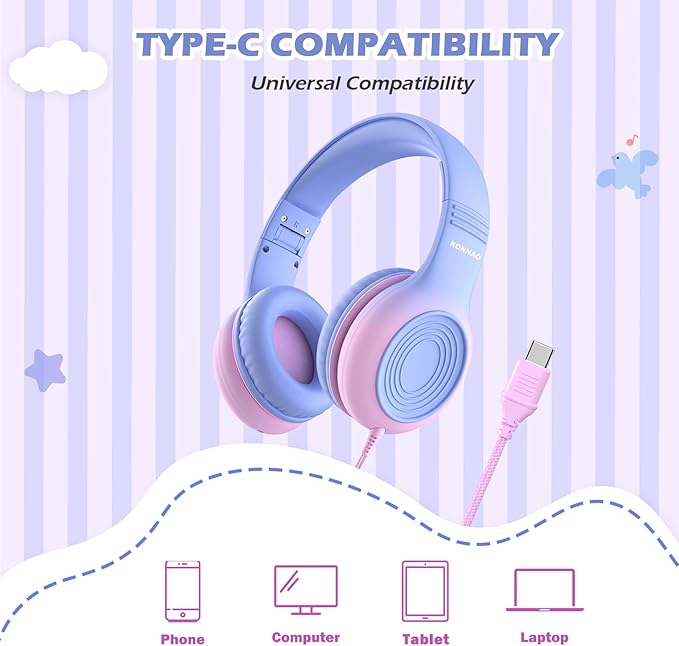 Upgrade USB Type C Kids Headphones, Wired Headphones for Kids with Microphone for Boys Girls, Adjustable 85dB/94dB Volume Limited