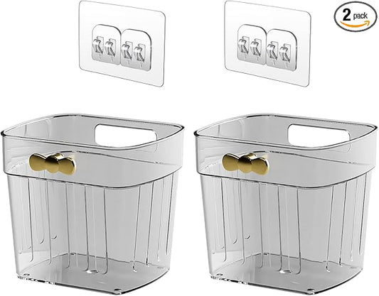 2 Pack Adhesive Cabinet Door Organizer, Compact Kitchen Under Sink Organizer, Clear Small Storage Container for Pantry Shelves, Wall Mounted Bathroom Shower Caddy Hanging Closet Organizer