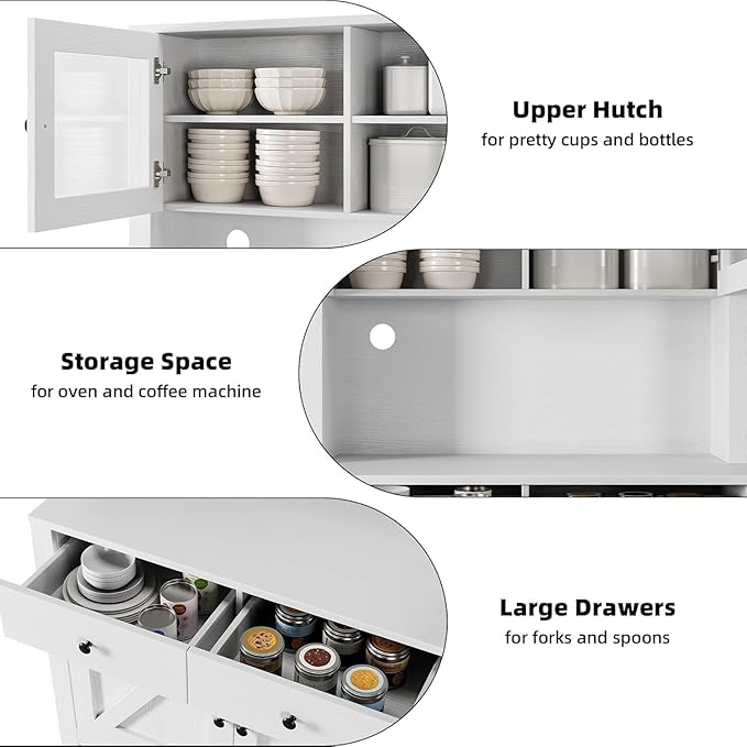 GarveeHome Kitchen Pantry Cabinet with Microwave Stand, Freestanding Hutch Cabinet with Buffet Cupboard, Tall Kitchen Cabinets with Adjustable Shelves for Dining Room, White
