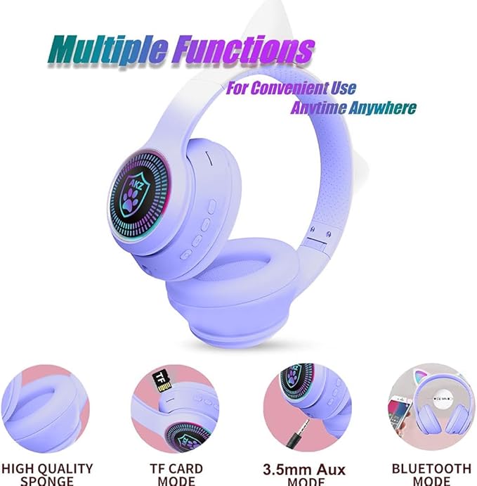 Cat Ear Gaming Bluetooth 5.3 Wireless Foldable Headphones with LED Light, Game Surround Sound Over-Ear Headsets with Microphone AUX for PC, Pad, Mobile, Laptop, Kids, Gift