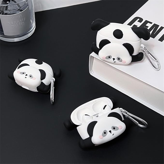 Case Compatible with 2024 Airpods 4, Cute Kawaii Panda Design Earbuds Cover, Kids Boys Girls Portable Accessories Soft Silicone Wireless Earphone Shockproof Protector for Gifts Black White
