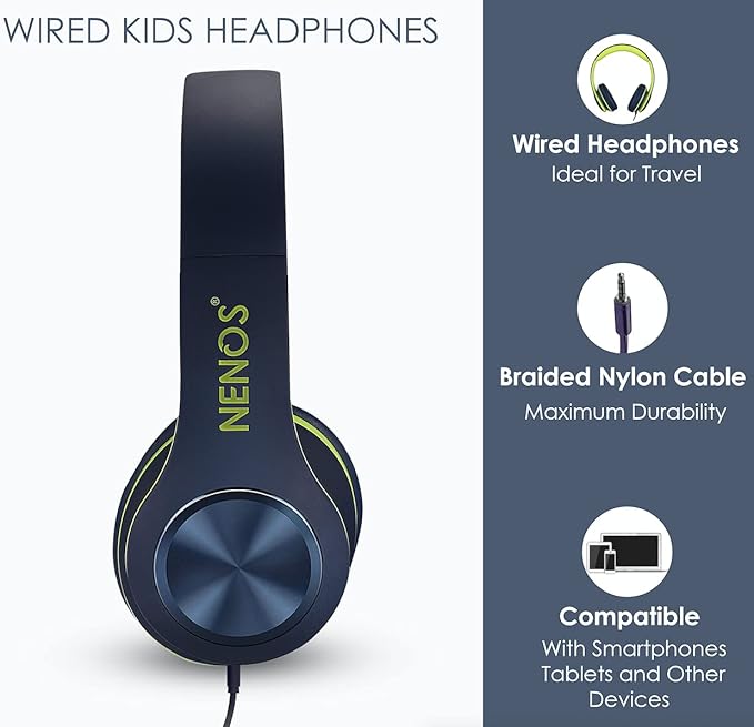 NENOS Kids Headphones Volume Limited Over Ear Headphones for Kids Foldable Headphones for Children Boys Girls Toddler Ideal for Tablet, Smartphone, Laptop Headset for School, Travel (Lime)