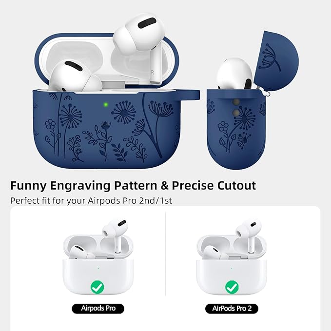 Lerobo for Airpod Pro Case 2nd 1st Generation Case USB C, Cute Flower Engraved Soft Silicone Cover Compatible with Apple AirPod Pro/Pro 2 Case, Full Protective, Front LED Visible, Midnight Blue