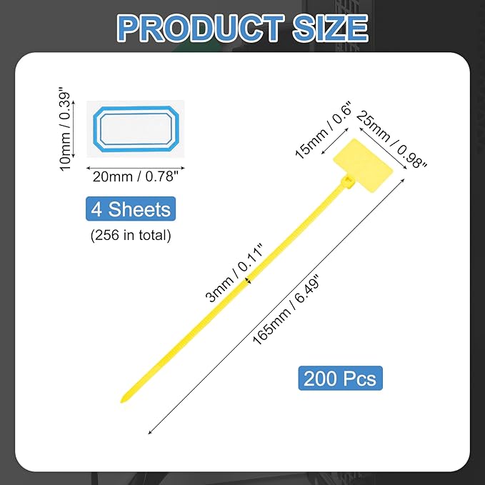 PATIKIL 6inch Zip Ties, 200pcs Cable Ties Tags Nylon Wire Marking Label Self Locking Plastic Straps Write on with Label Tags Paper for Organization Cord Network Ethernet Marking, Yellow