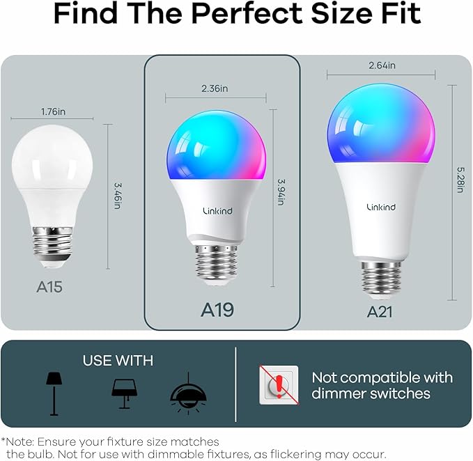 Linkind Smart Light Bulbs, 1100LM (75W Equivalent) Smart Bulb, Work with Alexa & Google Home, RGBTW Color Changing Bulbs Music Sync, 2.4GHz Wi-Fi & Bluetooth, LED Alexa Light Bulbs 11W, A19 E26, 4Pack
