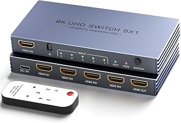 HDMI Switch 4K 240Hz - New Upgrade 5 in 1 Out 8K@60Hz 4K@240Hz HDMI Switch with Remote Support 3D/HDR/HDCP2.3, Compatible with PS5/4 Xbox Roku Apple TV Fire Stick 8k HDMI2.1 Switcher
