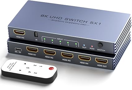 HDMI Switch 4K 240Hz - New Upgrade 5 in 1 Out 8K@60Hz 4K@240Hz HDMI Switch with Remote Support 3D/HDR/HDCP2.3, Compatible with PS5/4 Xbox Roku Apple TV Fire Stick 8k HDMI2.1 Switcher