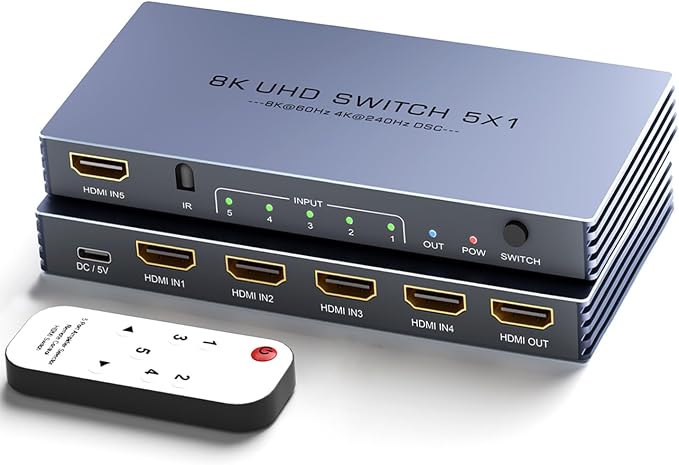 HDMI Switch 4K 240Hz - New Upgrade 5 in 1 Out 8K@60Hz 4K@240Hz HDMI Switch with Remote Support 3D/HDR/HDCP2.3, Compatible with PS5/4 Xbox Roku Apple TV Fire Stick 8k HDMI2.1 Switcher