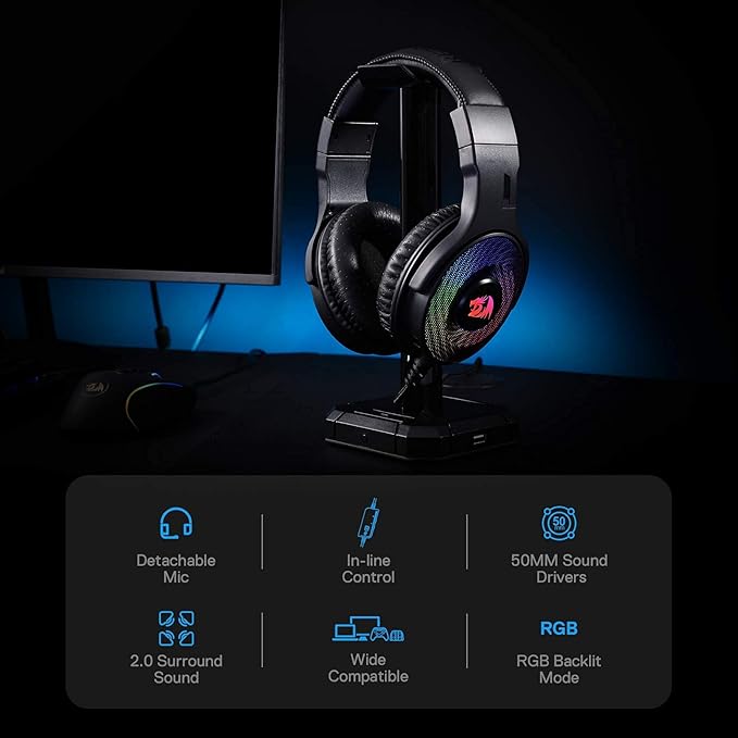 Redragon H350 RGB Wired Gaming Headset, Dynamic RGB Backlight - Stereo Surround-Sound - 50MM Drivers - Detachable Microphone, Over-Ear Headphones Works for PC/PS4/XBOX One/NS