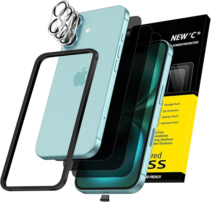 NEW'C 3x Privacy for iPhone 16 Plus Screen Protector (6.7 inches)+ 3x Camera Lens Protector, Sensor Protection, Case Friendly Tempered Glass Film - Dust plug, Easy installation tool included