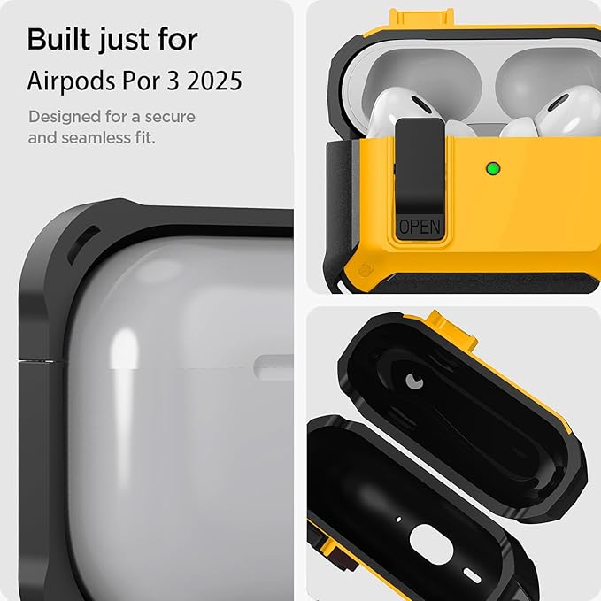 for Airpods Pro 3 Case with Lock Clip, Rugged Apple Airpods Pro 3rd Generation Cover 2025 Men Women, Armor Shockproof iPod Pro3 Gen Protective Hard Shell with Carabiner&Cleaner kit,Black/Yellow