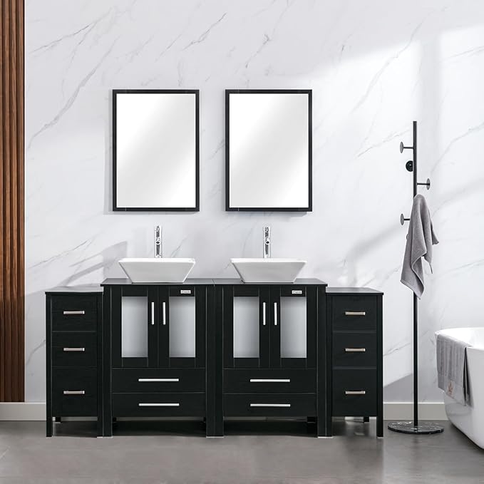 eclife 72" Modern Bathroom Vanity Sink Combo Freestanding Cabinet with Small Side Cabinet, White Square Ceramic Vessel Sink, Water Save Faucet, Drain (Black+A07)