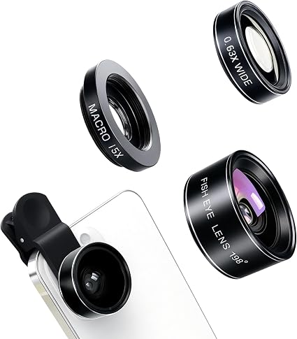 3-in-1 Smartphone Camera Lens Kit – 198° Fisheye, 0.63× Wide-Angle & 15× Macro Clip-On Lens Set for iPhone, Samsung & Android Phones (Black)