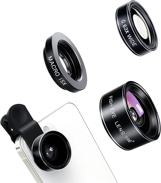 3-in-1 Smartphone Camera Lens Kit – 198° Fisheye, 0.63× Wide-Angle & 15× Macro Clip-On Lens Set for iPhone, Samsung & Android Phones (Black)