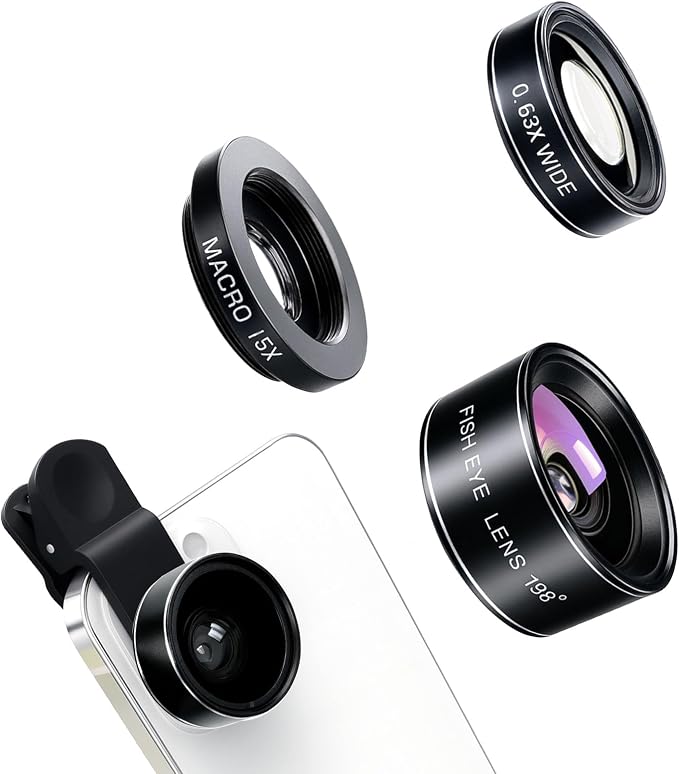 3-in-1 Smartphone Camera Lens Kit – 198° Fisheye, 0.63× Wide-Angle & 15× Macro Clip-On Lens Set for iPhone, Samsung & Android Phones (Black)