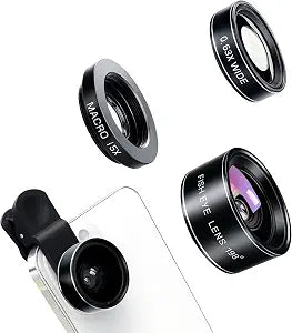 3-in-1 Smartphone Camera Lens Kit – 198° Fisheye, 0.63× Wide-Angle & 15× Macro Clip-On Lens Set for iPhone, Samsung & Android Phones (Black)
