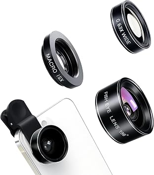 3-in-1 Smartphone Camera Lens Kit – 198° Fisheye, 0.63× Wide-Angle & 15× Macro Clip-On Lens Set for iPhone, Samsung & Android Phones (Black)