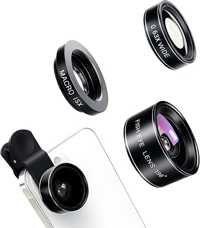 3-in-1 Smartphone Camera Lens Kit – 198° Fisheye, 0.63× Wide-Angle & 15× Macro Clip-On Lens Set for iPhone, Samsung & Android Phones (Black)