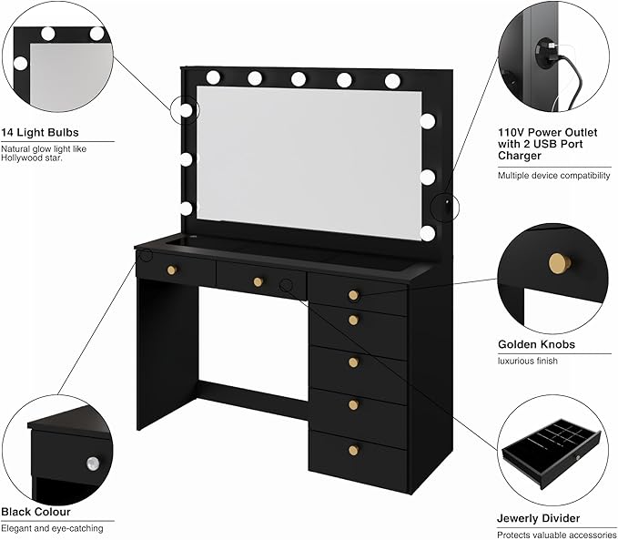 Boahaus Serena White Makeup Vanity with Mirror and 11 Lights, 7 Drawers, Glass Top, Crystal Knobs, USB-A & USB-C Ports, 110V Power Outlet, Bedroom Vanity Desk (Black)