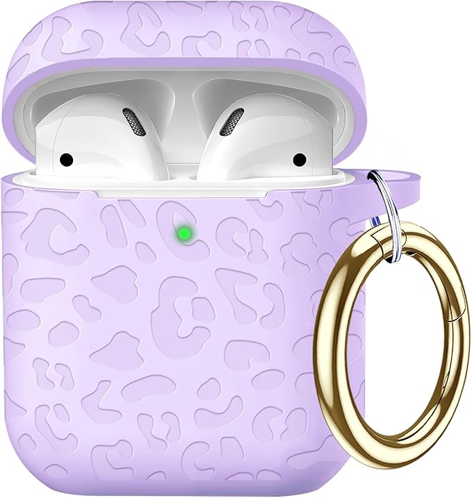 Compatible with Airpods Case Leopard Engraved Skin Cover Compatible with Airpods 2nd/1st Charging Case,Cute Soft Silicone Full Protective, Front LED Visible, Lavender