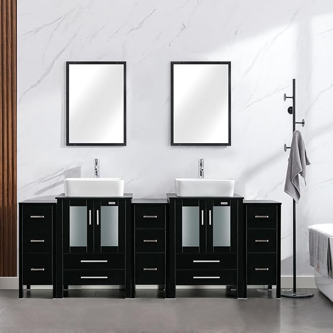 eclife 84" Modern Bathroom Vanity Sink Combo Freestanding Cabinet with Small Side Cabinet, White Rectangle Ceramic Vessel Sink, Water Save Faucet, Drain (Black+T03)