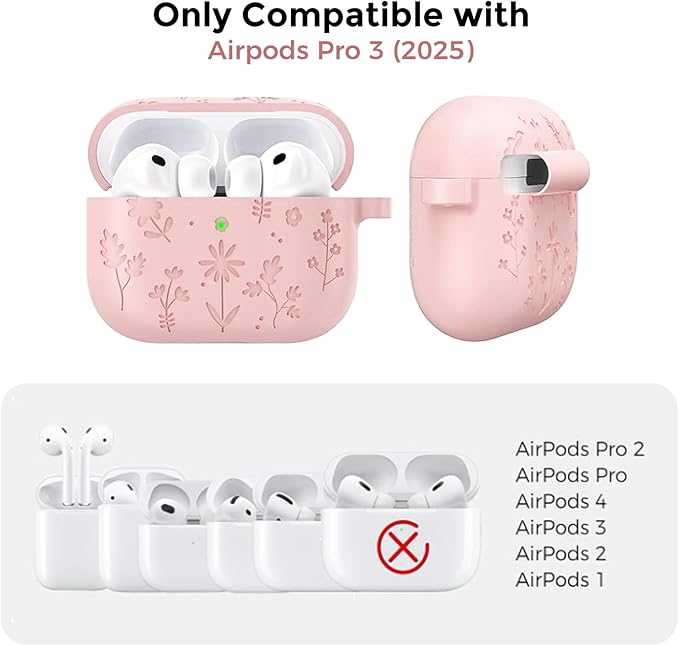 AhaStyle AirPods Pro 3 Case Cover (2025) Flower Engraved Cute Silicone AirPods Pro 3rd Generation Case Full Body Shockproof Cover Skin for Apple AirPods Pro 3rd Gen with Cleaning Kit for Women Girls