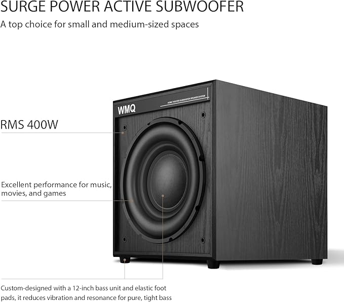 12" Active Home Theater subwoofer, Featuring RCA Input and Output interfaces, 400W RMS, Medium-Density fiberboard Cabinet with Heat Sink, Adjustable Crossover Frequency Range from 15-180 Hz.