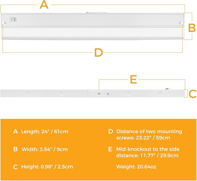 Hizashi LED Under Cabinet Lights Hardwired Only, 12W 850lm Direct Wire Under Cabinet Lighting, Dimmable, CRI＞90, ETL & Energy Star Certificated, 24inch, Warm White 3000K, Pack of 2
