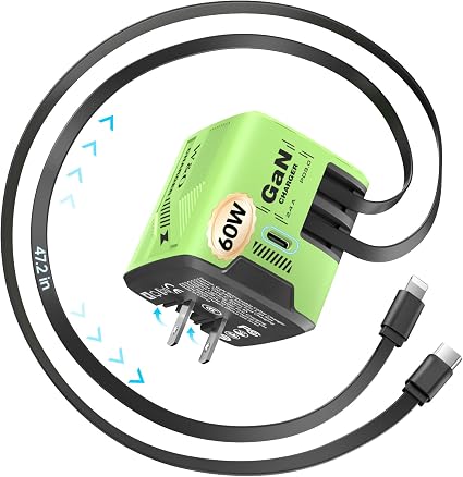 W & O 60W Gan Fast Charger Wall Plug, Built-in Retractable USB-C & L Cables