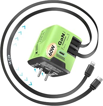 W & O 60W Gan Fast Charger Wall Plug, Built-in Retractable USB-C & L Cables