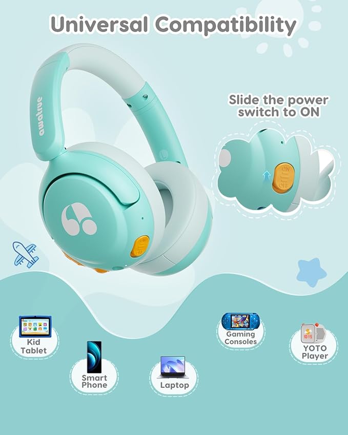 Kids Bluetooth Headphones, 85dB Volume Limiter, Foldable Wireless Over-Ear Headphones for iPad, Travel, 75H Playtime, Bluetooth 5.4, Built-in Mic, Green