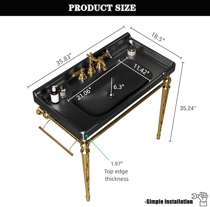 36" Bathroom Console Sink, Wall-Mounted Black Ceramic Vanity Basin with 3 Pre-drilled Faucet Holes, Freestanding Gold Stainless Steel Support Legs with Towel Bar, No Faucet - Rome, Black