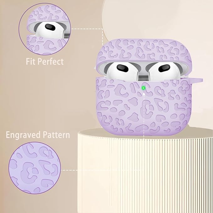Engraved Case for AirPods 3rd Generation Carving Cover with Keychain, Leopard Skin Soft Cover for Compatible with AirPods 3rd Generation Case Full Protection,Front LED Visible,Lavender