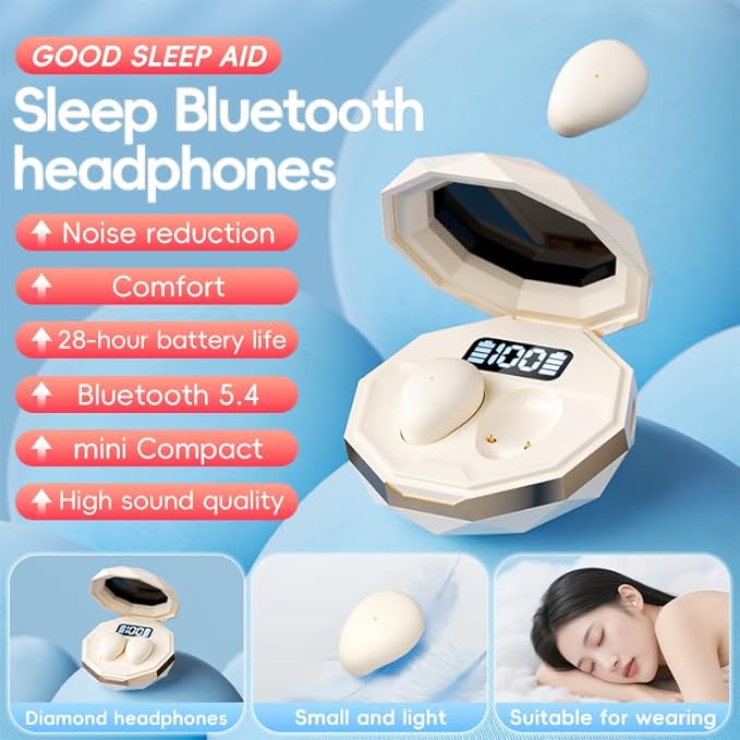 Invisible Sleep Earphones Bluetooth 5.4, MIni Sleep Earbuds Wireless with Long Battery Life, Noise Cancelling Headphones for Side-Sleeping, Comfortable Fit/Waterproof (Beige)