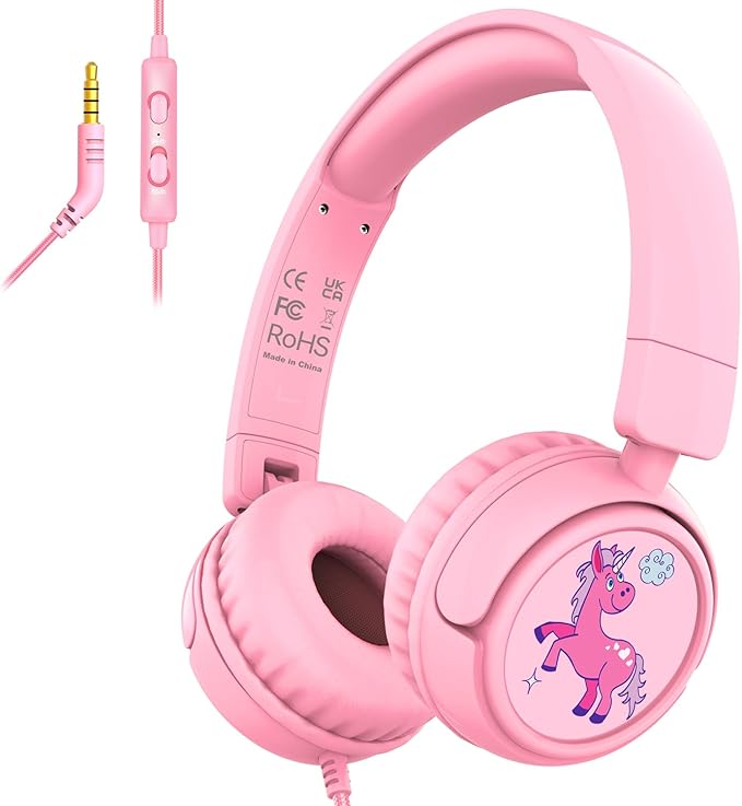 Kids Headphones with Cord for School, 85/94dB Volume Limit Headphones for Kids, Portable Wired Headphone with Shareport, Stereo Sound Foldable Headset for School/Tablet/iPad/Kindle (Pink)
