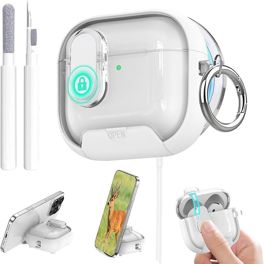 for Airpods 4 Case Clear,Secure Lock for Airpods 4th Generation Case Cover with Phone Stand and Magsafe Function,Auto Pop-up,Hybrid Protection Design with Carabiner&Cleaning Pen-White