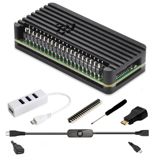 iUniker Pi Zero Aluminum Case Kit with Pin Header, OTG Hub, HDMI Adapter, On/Off Switch for Pi Zero 2