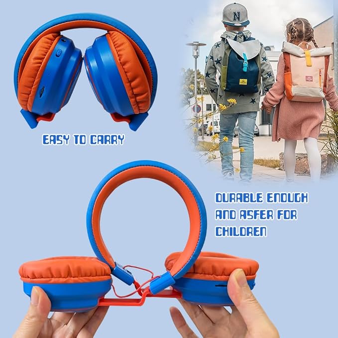 Kids Headphones Bluetooth 5.3 Wireless Lightweight Fast Charging 68 Hours Play Time Volume Limited 85/94dB Over Ear Foldable with Built-in Mic for Toddler Boy Girl Tablet Pad Blue