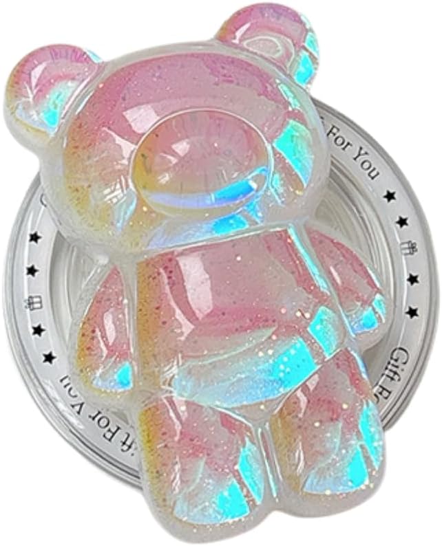 Cute Kawaii 3D Bear Phone Grip Stand, Iridescent Holographic Resin Cell Phone Holder & Kickstand, Compatible with iPhone, Samsung Galaxy, Android (Opal Pink)