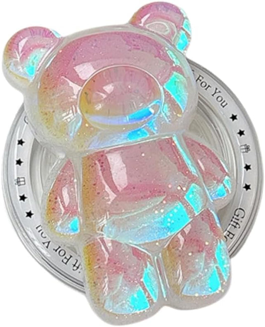 Cute Kawaii 3D Bear Phone Grip Stand, Iridescent Holographic Resin Cell Phone Holder & Kickstand, Compatible with iPhone, Samsung Galaxy, Android (Opal Pink)