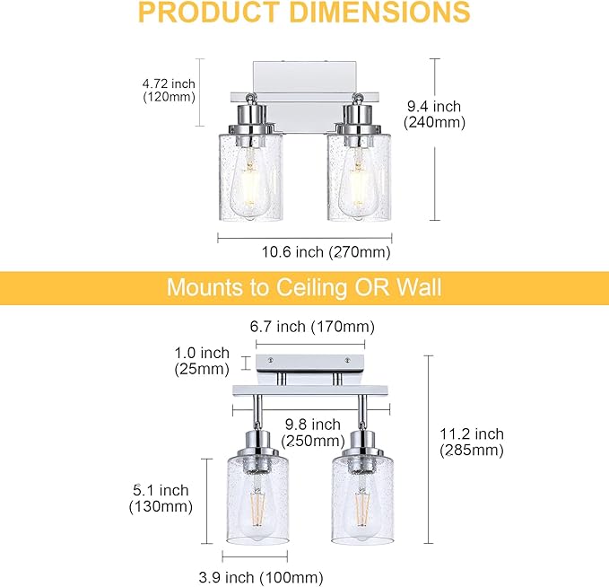 2-Light Chrome Track Lighting Kit Ceiling Kitchen Track Light Fixture with Seeded Glass, Multi-Directional Rotating Track Lighting Heads Spotlight Fixtures for Accent Shop Bathroom Vanity